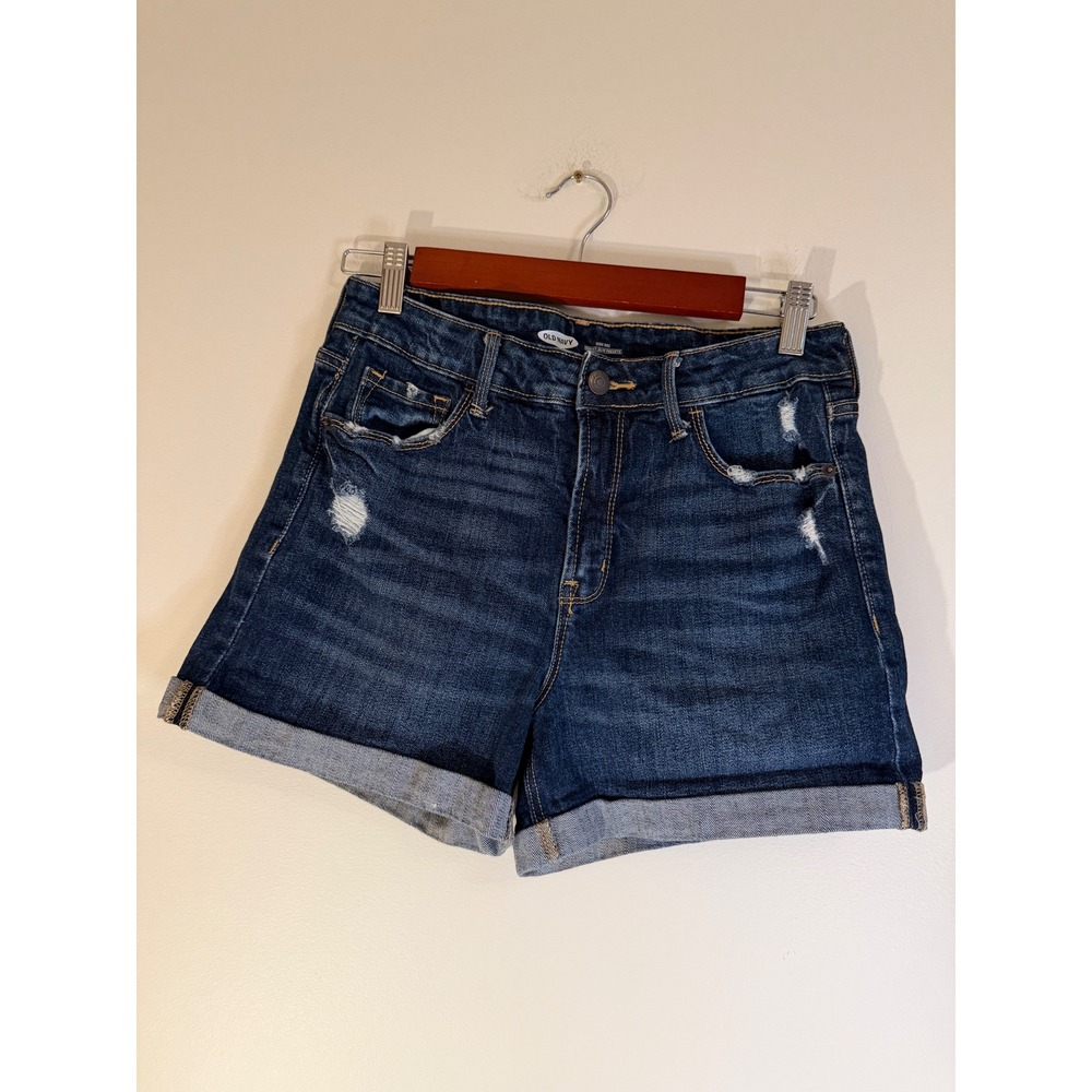 Old Navy High Rise Secret Slim Pocket Distressed Denim Cuffed Shorts Dark Wash 4